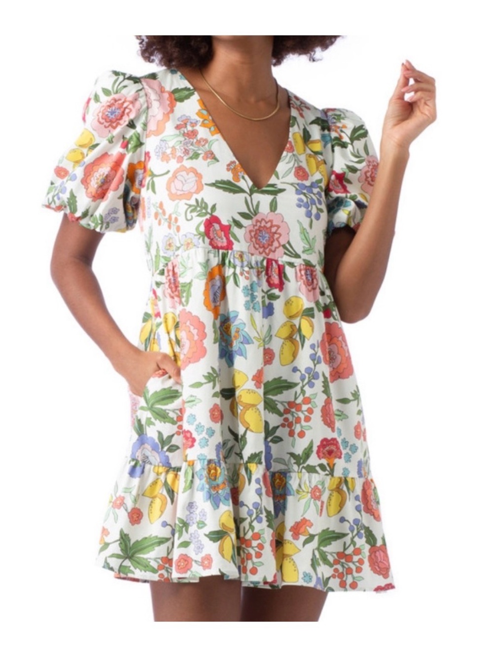 CROSBY by Mollie Burch White Mini Dress with Yellow, Pink & Green Floral Print